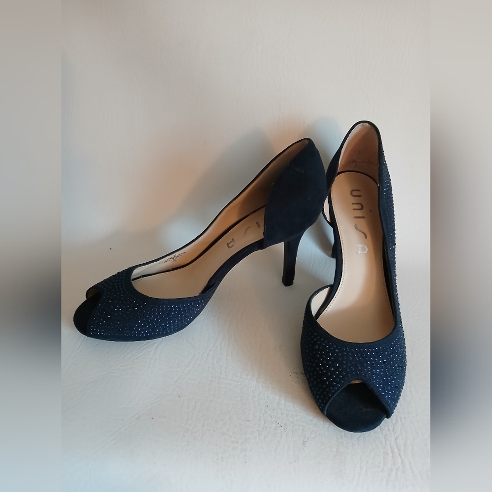 Unisa Women's Navy Peep Toe Heels Crystal Embellishments Sz7.5M D'Orsay Style